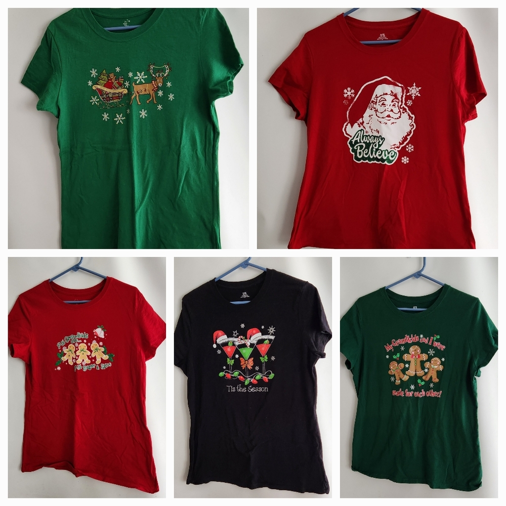 5 (Five) Christmas Short Sleeve T-Shirts Size XL